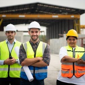 Architect portrait construction supervisor and construction engineer working on a construction