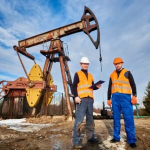 Oil rig workers standing by pump jack.
